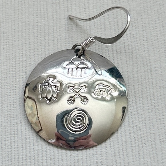 Native American Etched Symbols Sterling Silver Medallion Earrings - Picture 5 of 13